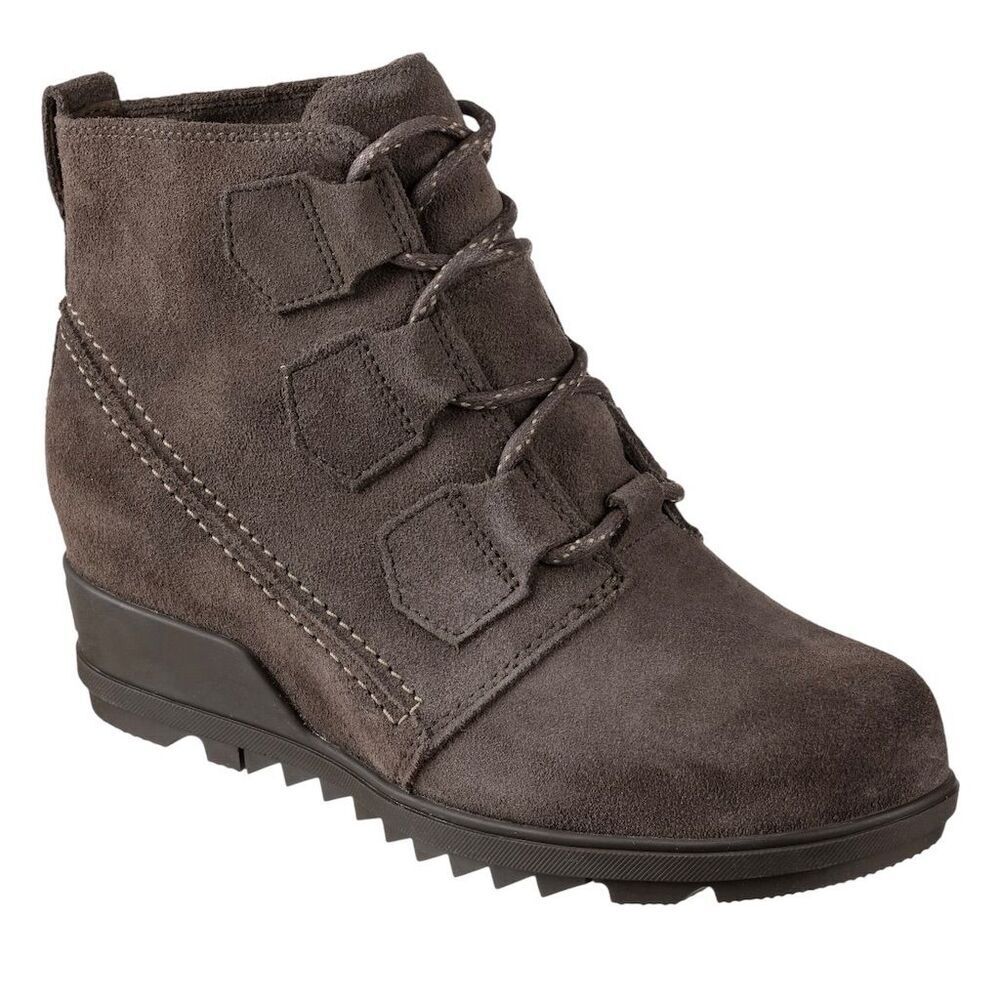 SOREL Evie Taupe Grey Suede Lace Up Waterproof Wedge Ankle Bootie Size 8 - Picture 2 of 12